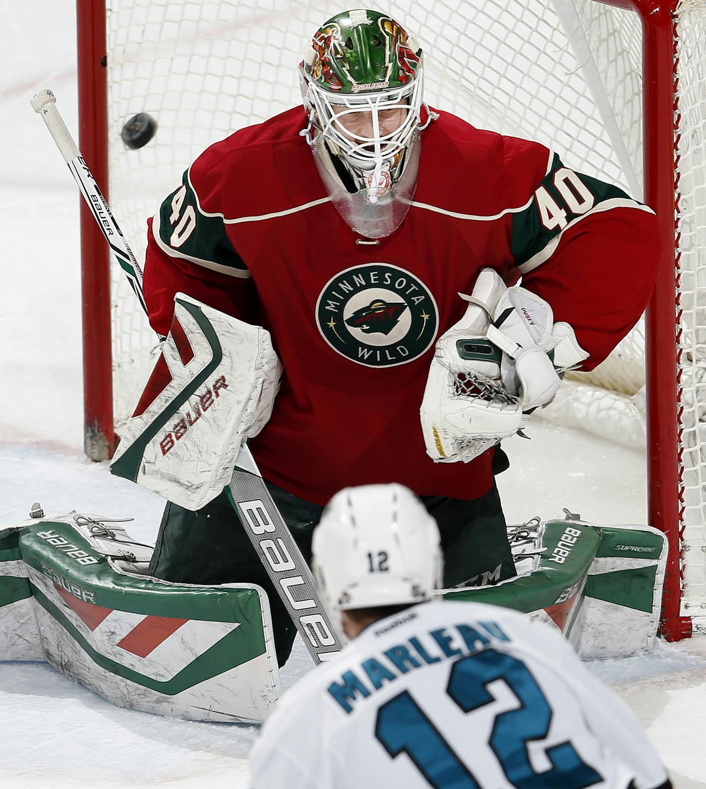 Patrick Marleau (12) shot the puck past Minnesota Wild goalie Devan Dubnyk (40) for a goal in the third period. ] CARLOS GONZALEZ cgonzalez@startribune.com - April 5, 2016, St. Paul, MN, Xcel Energy Center, NHL, Hockey, Minnesota Wild vs. San Jose Sharks