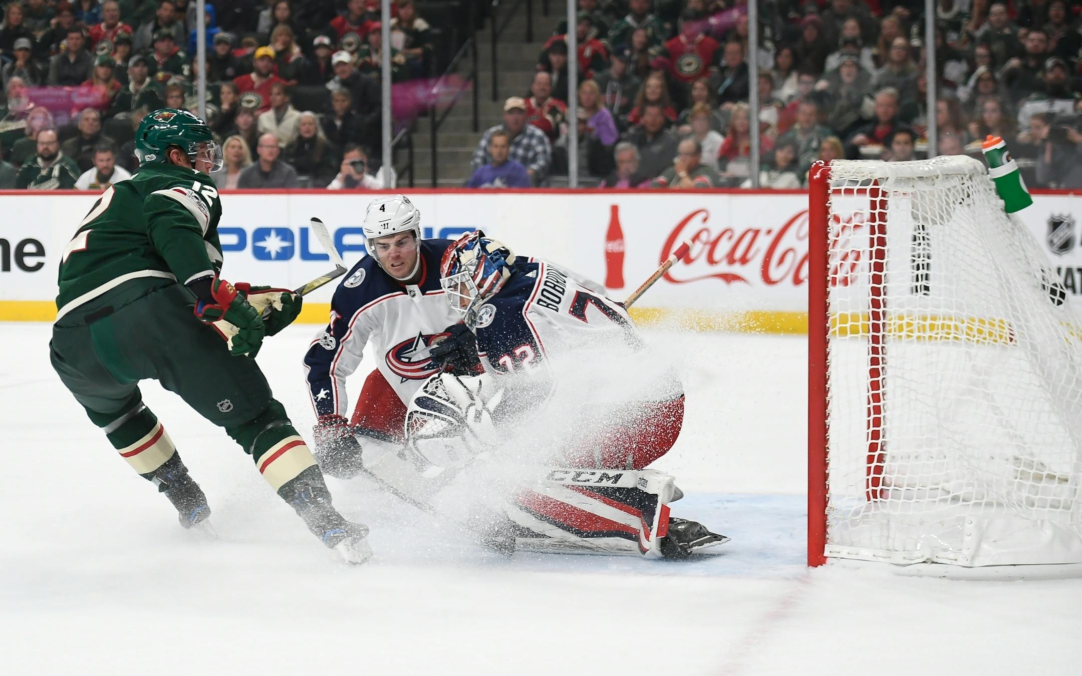 Minnesota Wild center Eric Staal (12) scored on Columbus Blue Jackets goalie Sergei Bobrovsky (72) in the first period.