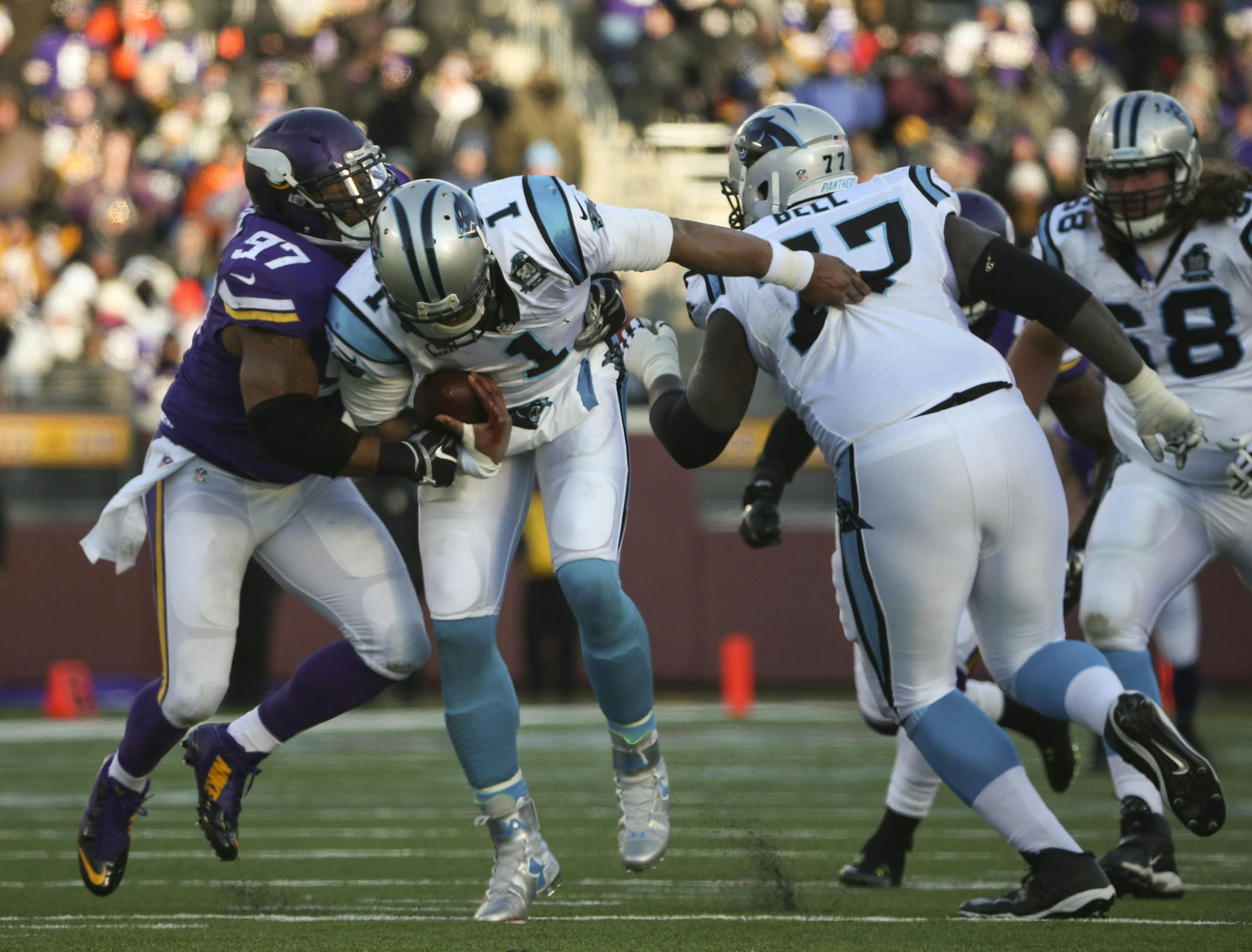 Minnesota Vikings defensive end Everson Griffen (97) had a fourth quarter sack of Carolina Panthers quarterback Cam Newton (1) for an eight yard loss Sunday afternoon. ] JEFF WHEELER ‚Ä¢ jeff.wheeler@startribune.com The Minnesota Vikings beat the Carolina Panthers 31-13 in an NFL football game Sunday afternoon, November 30, 2014 at TCF Bank Stadium in Minneapolis.