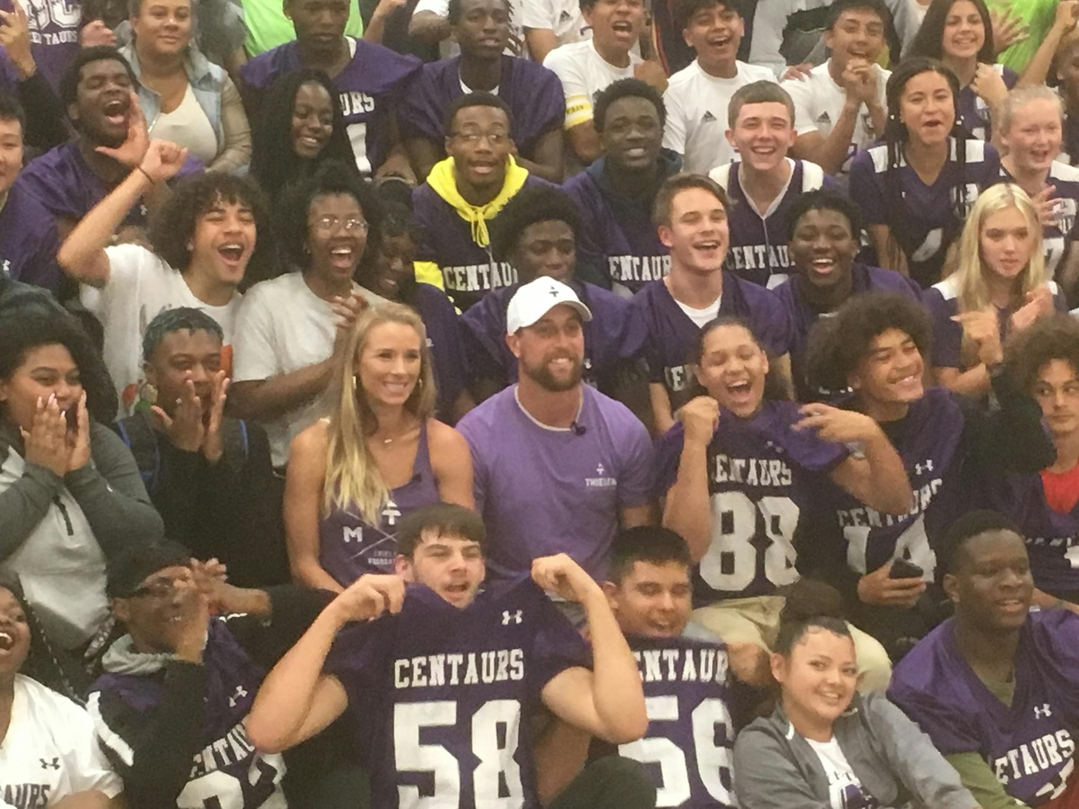 Adam Thielen at Brooklyn Center High School on Tuesday.