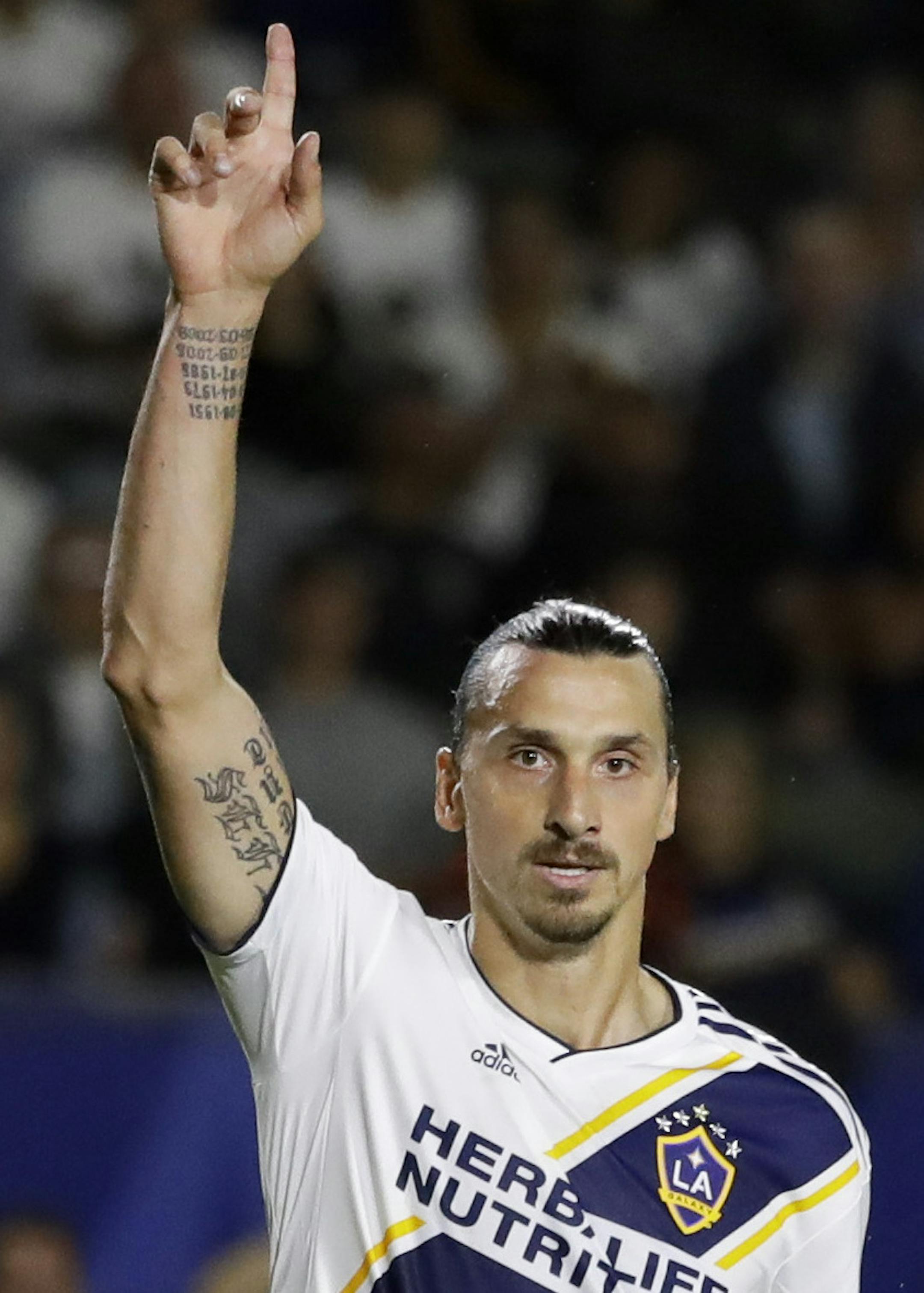 LA Galaxy forward Zlatan Ibrahimovic plays against the Montreal Impact during the second half of an MLS soccer match in Carson, Calif., Saturday, Sept. 21, 2019. (AP Photo/Chris Carlson)