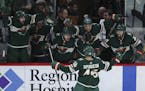 Minnesota Wild defenseman Jared Spurgeon (46) turned towards the bench after scoring an empty netter insurance goal in the third period.