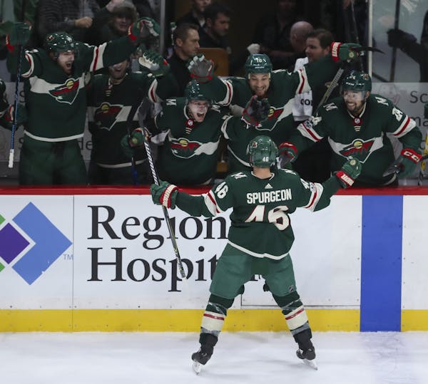 Minnesota Wild defenseman Jared Spurgeon (46) turned towards the bench after scoring an empty netter insurance goal in the third period.