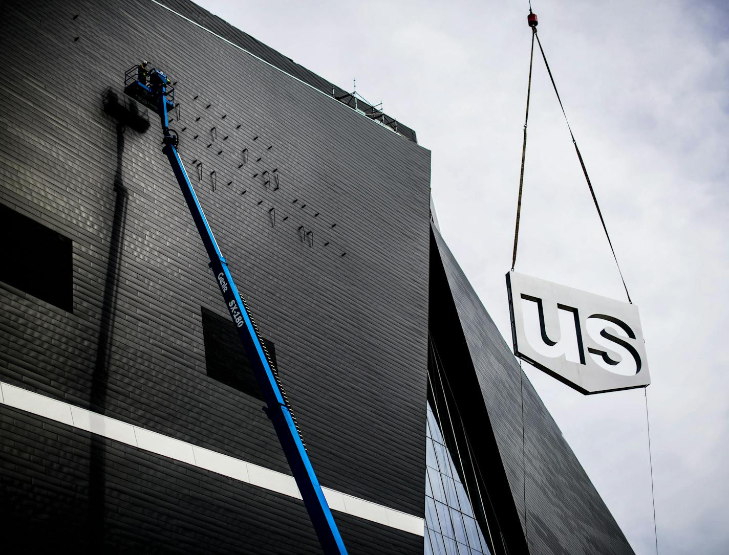 The first of the USBank Stadium signage went into place today. ] GLEN STUBBE * gstubbe@startribune.com Monday, July 20, 2015 A tour of the USBank Stadium. It has a roof made of ETFE, or ethylene-tetra-fluoro-ethylene.