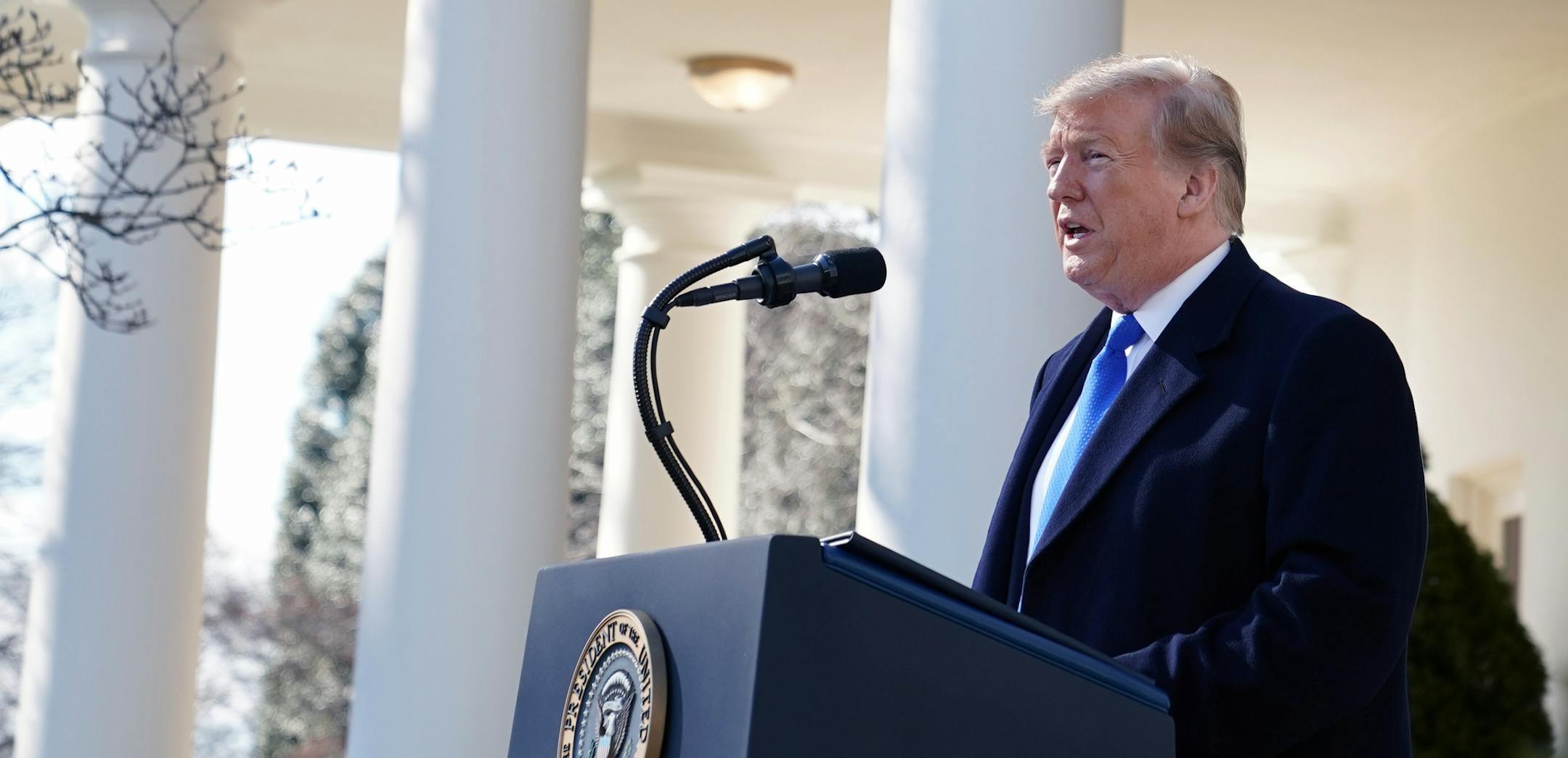 President Donald Trump speaks in the Rose Garden of the White House on Friday morning, Feb. 15, 2019. (Doug Mills/The New York Times)