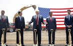 President Donald Trump participates in the groundbreaking for a $10 billiob Foxconn factory complex in Mount Pleasant, Wis., June 28, 2018. From right