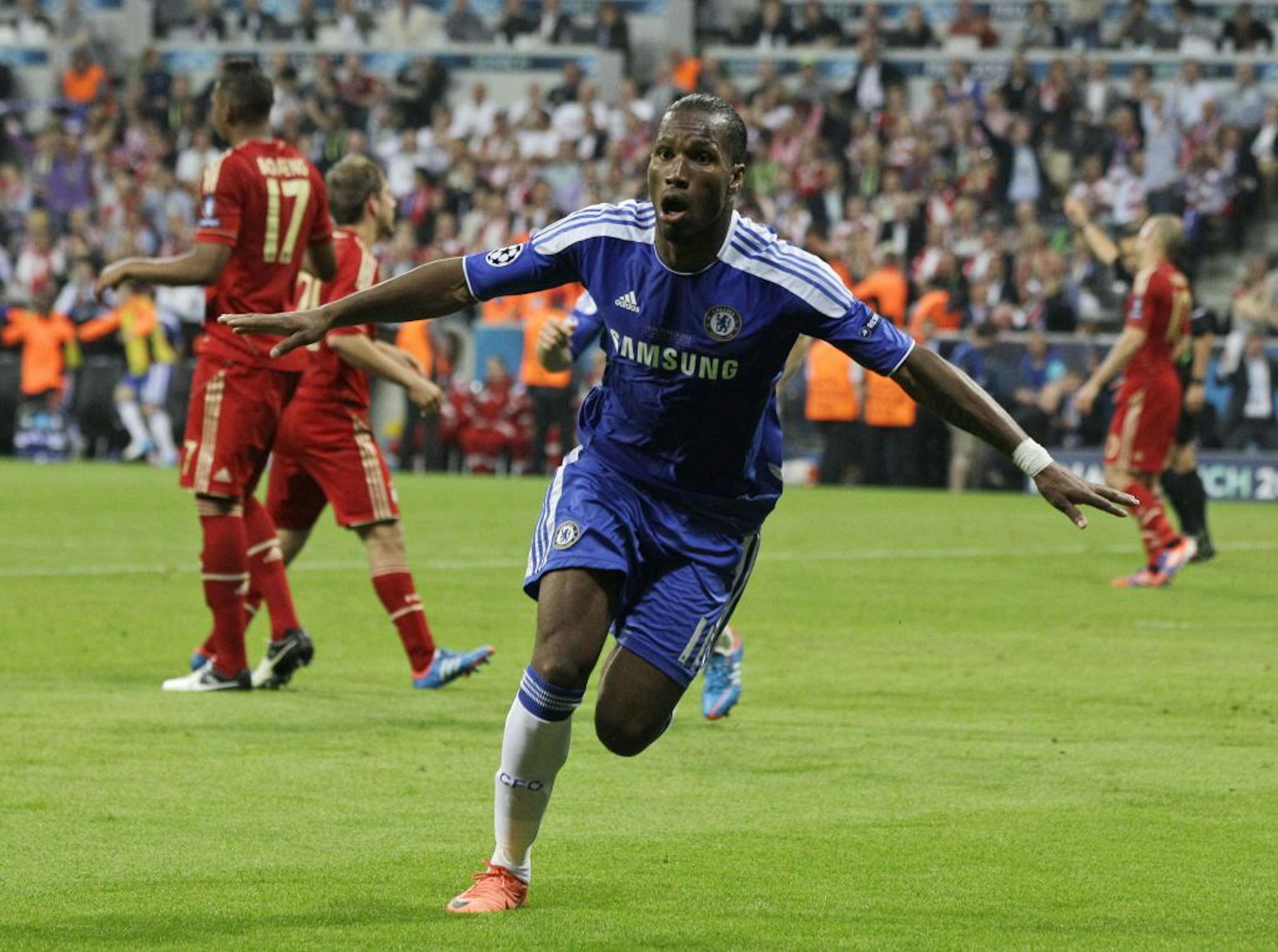 Chelsea's Didier Drogba celebrates after scoring during the Champions League final soccer match between Bayern Munich and Chelsea in Munich, Germany Saturday May 19, 2012.