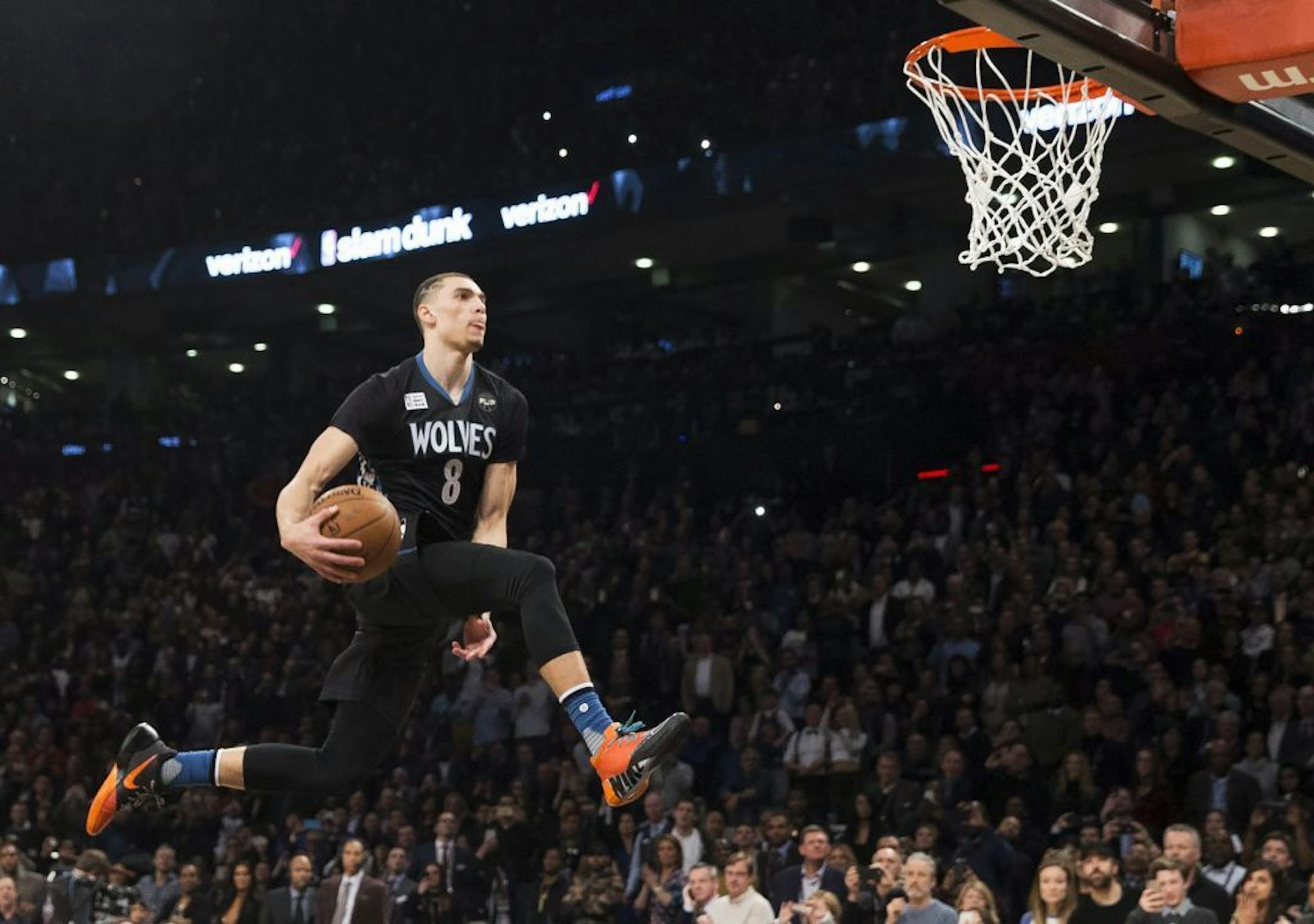 Minnesota Timberwolves' Zach LaVine slam dunks the ball during the NBA all-star skills competition in Toronto on Saturday, Feb. 13, 2016. (Mark Blinch/The Canadian Press via AP) MANDATORY CREDIT