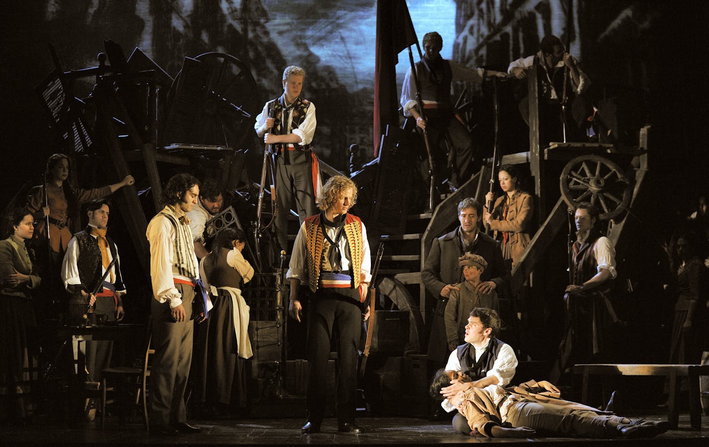 Photo credit: Deen van Meer Les Mis&#x221a;&#xa9;rables by Cameron Mackintosh, opening night November 28 2010, Paper Mill Playhouse, 22 Brookside Dr., Millburn New Jersey with LAWRENCE CLAYTON (Jean Valjean) ANDREW VARELA (Javert) MICHAEL KOSTROFF (Th&#x221a;&#xa9;nardier) SHAWNA M. HAMIC (Mme. Th&#x221a;&#xa9;nardier) BETSY MORGAN (Fantine) JEREMY HAYS (Enjolras) CHASTEN HARMON (&#x221a;&#xe2;ponine) JUSTINE SCOTT BROWN (Marius) JENNY LATIMER (Cosette) RON SHARPE (Jean Valjean Alternate)