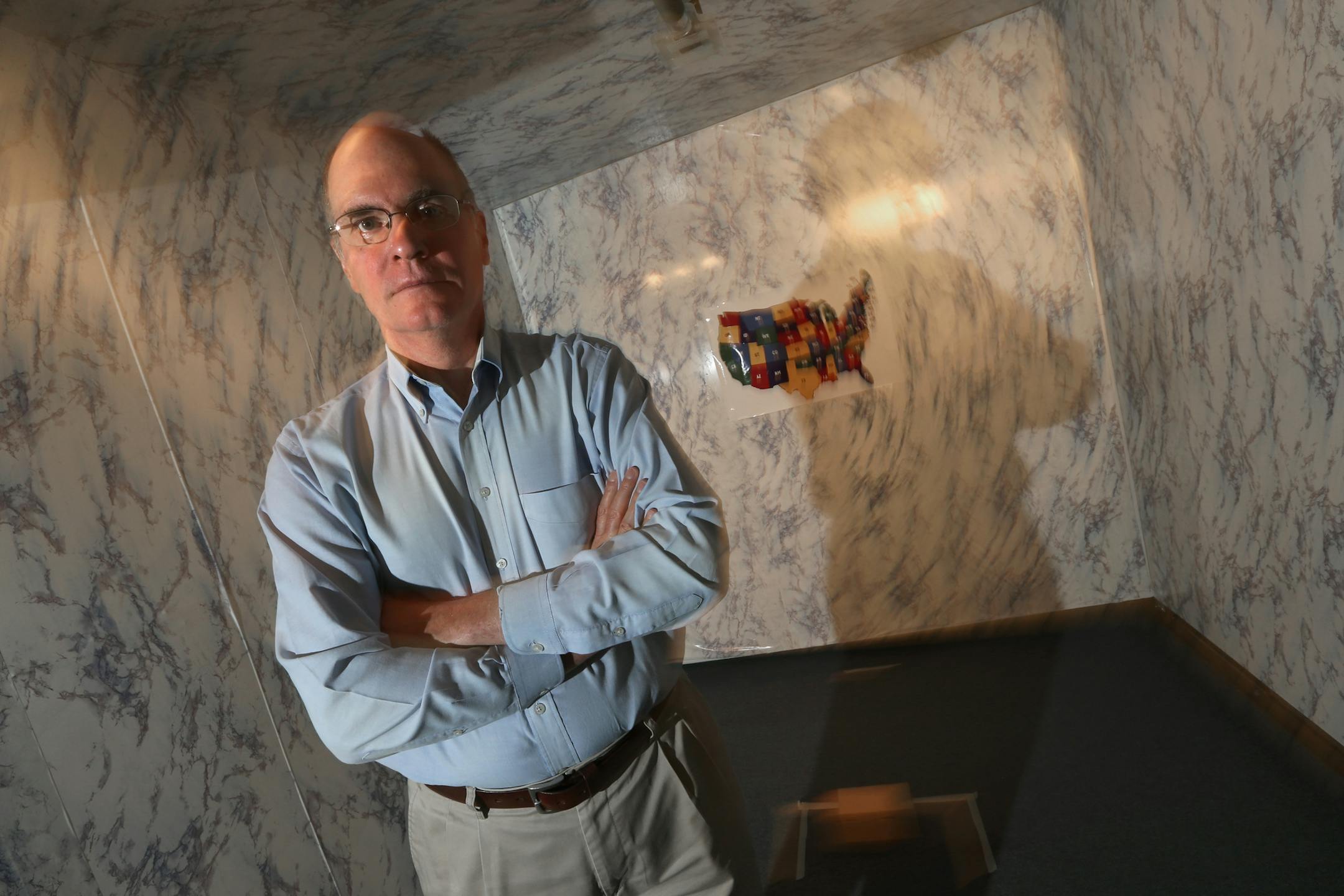 Professor Thomas Stoffregen was photographed in the moving room at research labs at the University of Minnesota on 10/30/13. Stoffregen has come up with a new theory on what causes motion sickness - he says it has more to do with posture and gait than with the inner ear. For his research, he uses a motion sickness chamber - a special room that throws people in it off balance.] Bruce Bisping/Star Tribune bbisping@startribune.com Thomas Stoffregen/source.