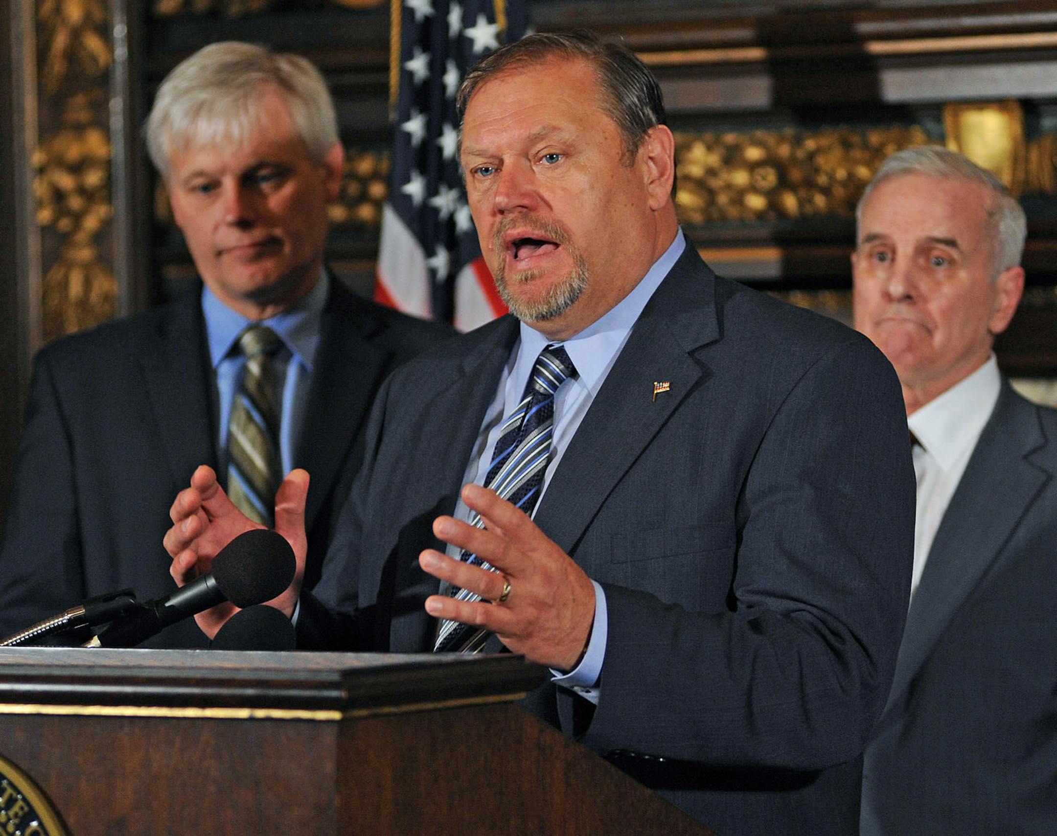 Gov. Mark Dayton (right), Senate Majority Leader Tom Bakk (center) and House Speaker Paul Thissen.
