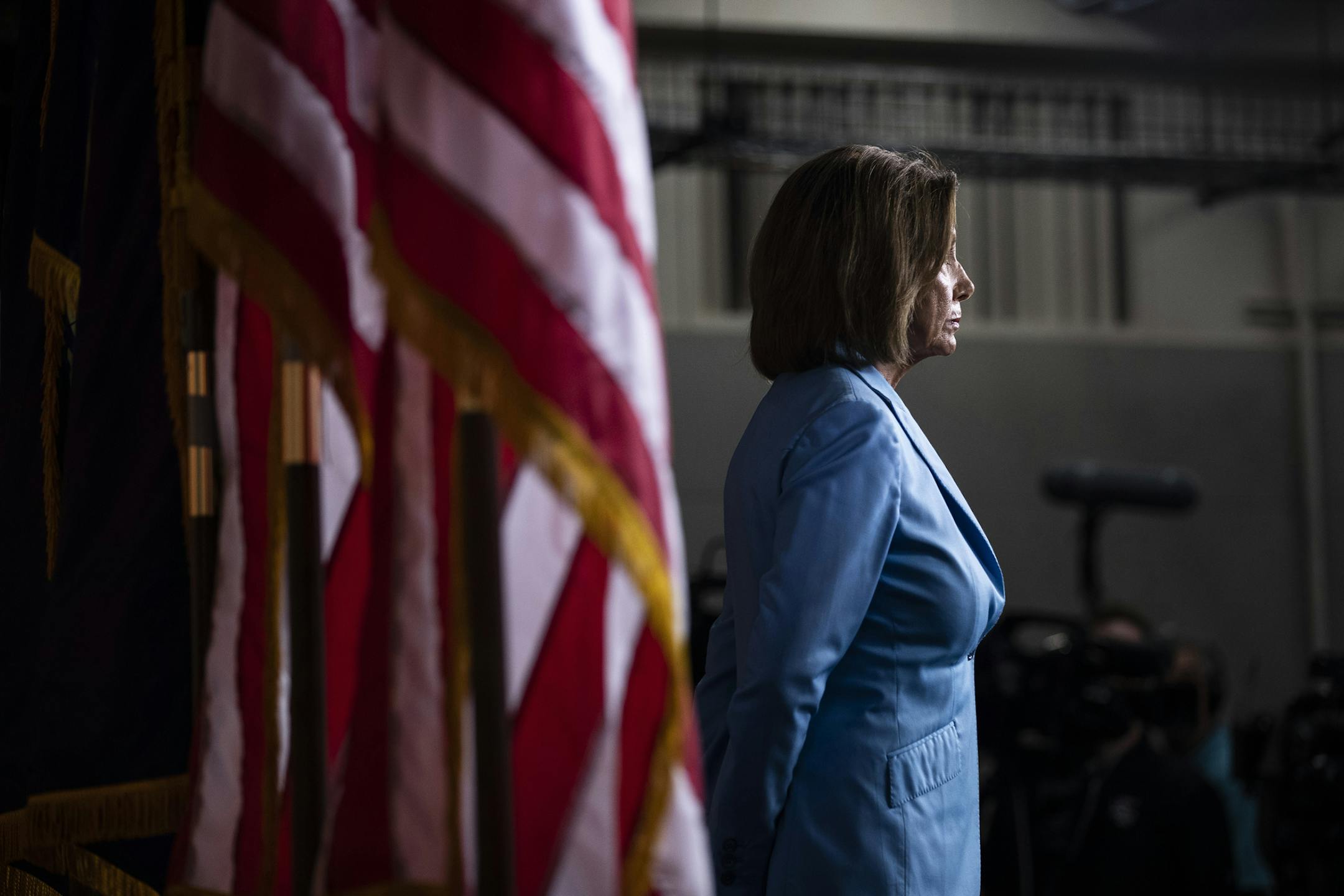 House Speaker Nancy Pelosi (D-Calif.) attends a news conference on Capitol Hill, in Washington on Wednesday, Oct. 2, 2019. She and House Intelligence Committee Chairman Adam Schiff (D-Calif.) addressed their impeachment inquiry of President Trump. (Anna Moneymaker/The New York Times)