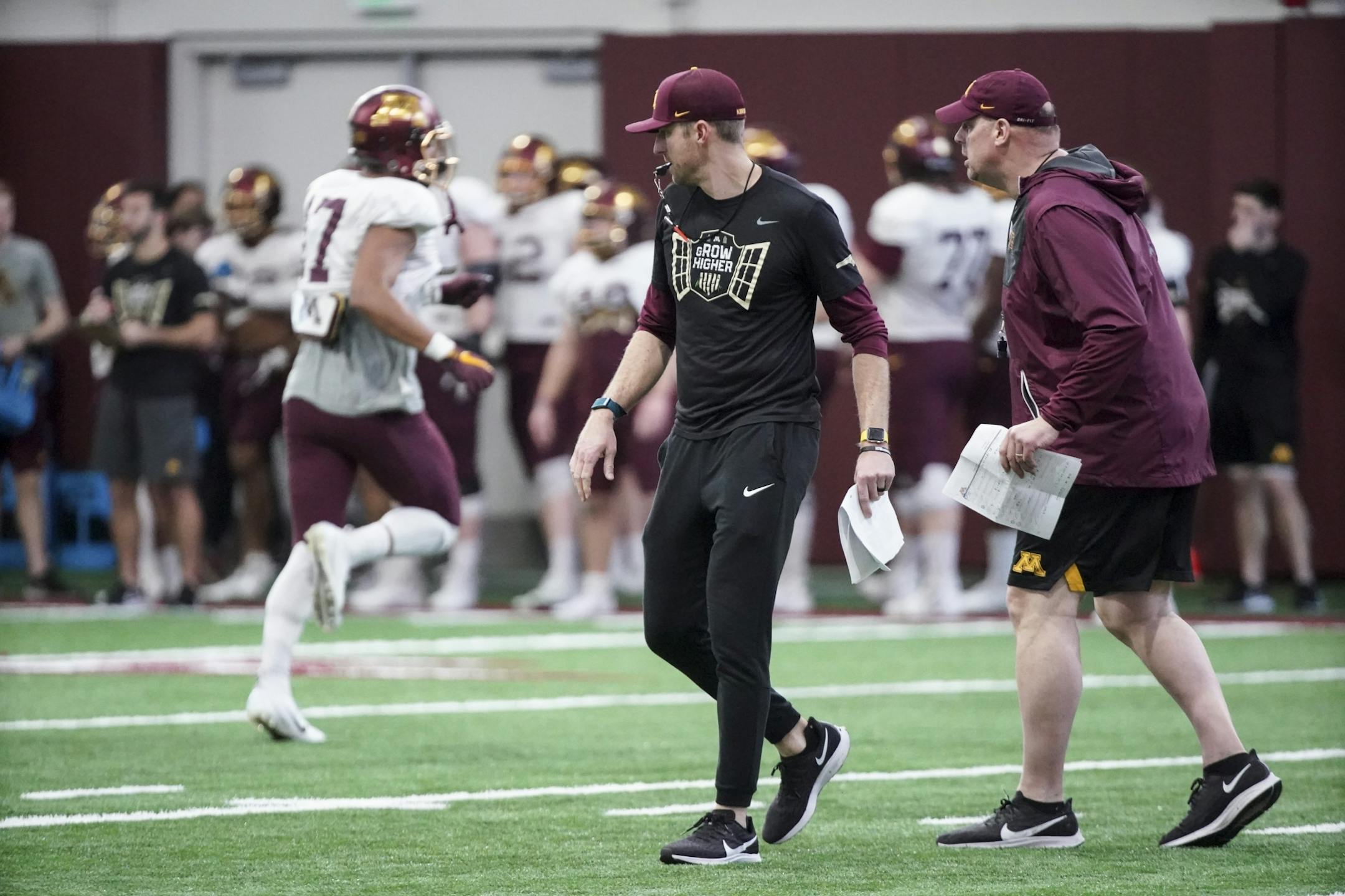 New offensive coordinator Mike Sanford Jr. during the first open Gopher football practice at the University of Minnesota in Minneapolis, Minn., on Friday, March 6, 2020.