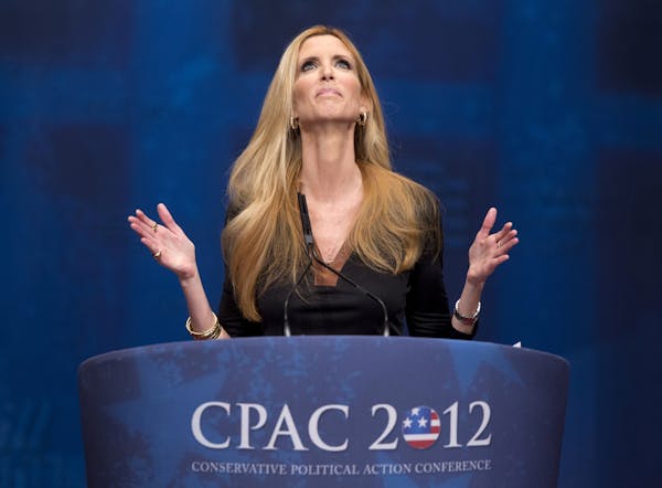 Ann Coulter gestures while speaking at the Conservative Political Action Conference (CPAC) in Washington, Friday, Feb. 10, 2012.