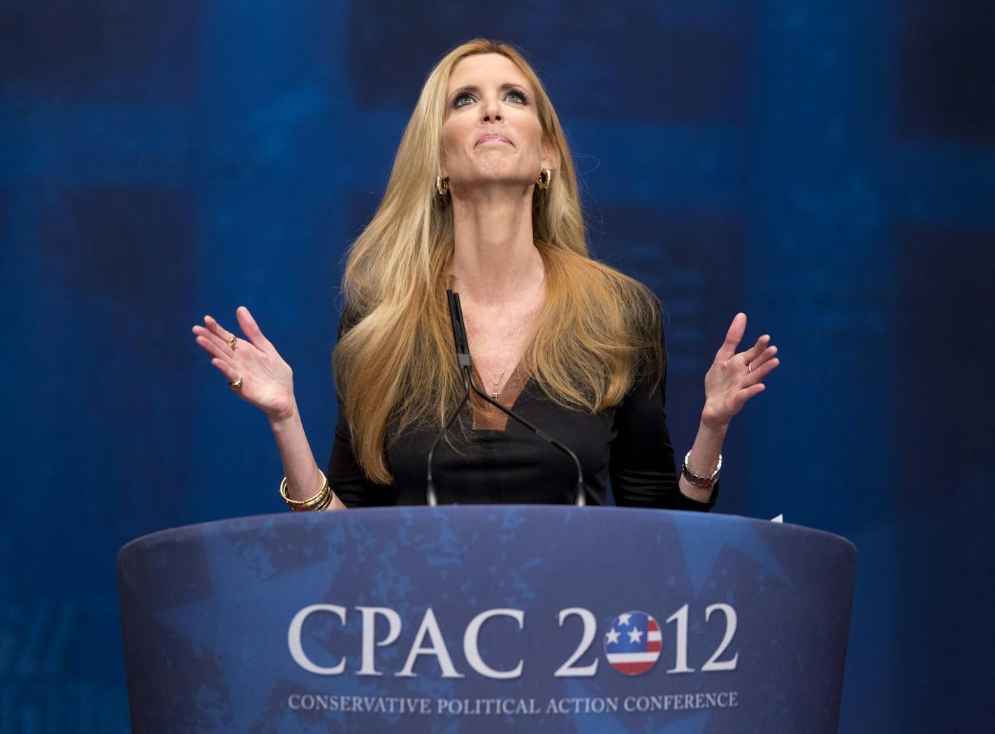 Ann Coulter gestures while speaking at the Conservative Political Action Conference (CPAC) in Washington, Friday, Feb. 10, 2012.