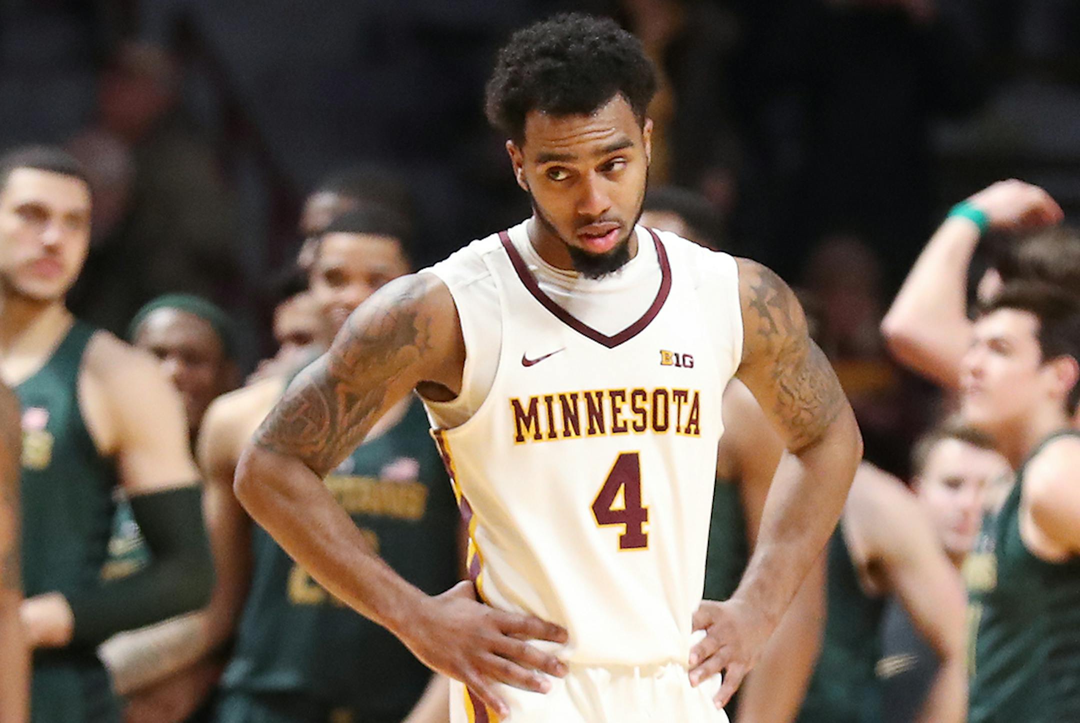 Jamir Harris (4) of the Minnesota Golden Gophers stands as the clock runs down during the second half. ] LEILA NAVIDI • leila.navidi@startribune.com BACKGROUND INFORMATION: Minnesota men's basketball plays against Michigan State at Williams Arena in Minneapolis on Tuesday, February 13, 2018. The Minnesota Golden Gophers lost 57-87.