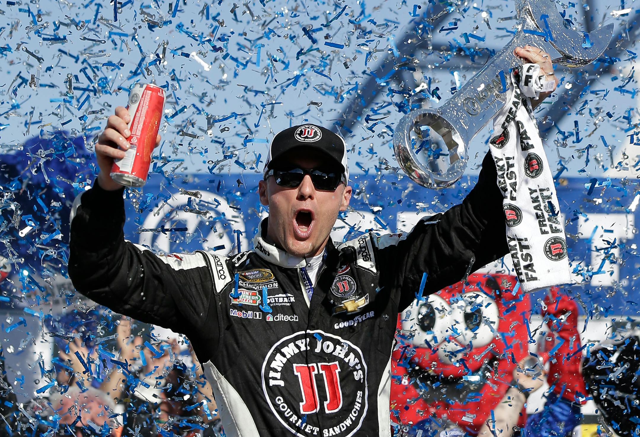 Kevin Harvick celebrated in Victory Lane after winning a NASCAR Sprint Cup series auto race Sunday in Las Vegas.