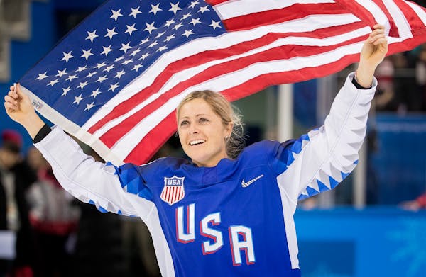 Warroad, Minn., native Gigi Marvin celebrated after the U.S. won Olympic gold in Pyeongchang, South Korea, on Feb. 22, 2018. Marvin plays for Boston�