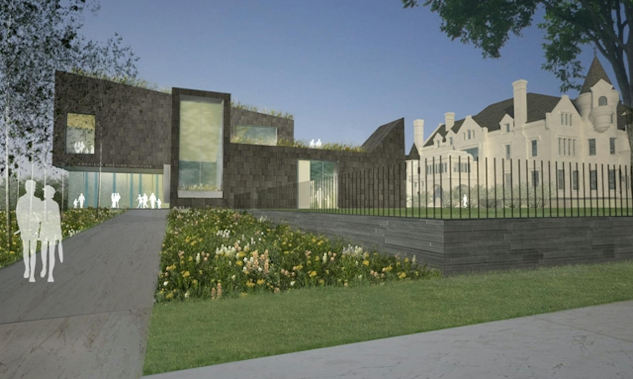 An architect's sketch of the HGA Architects-designed addition to the American Swedish Institute, with the Turnblad mansion at right.