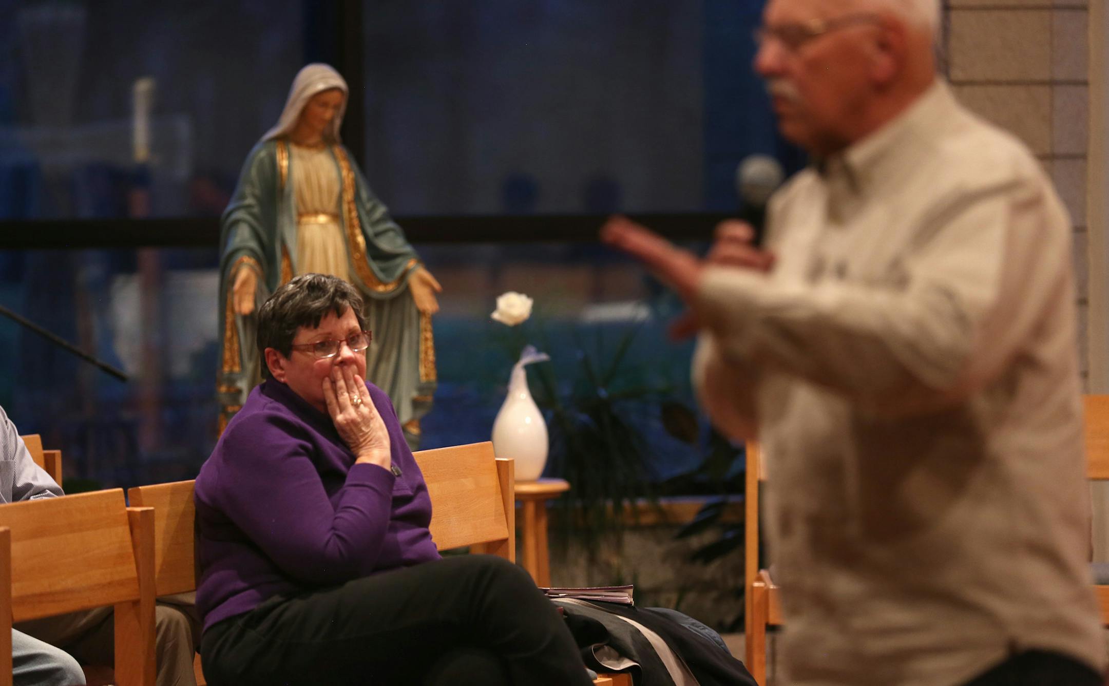 Ginny Meuers reacted to her husband, Frank, as he talked about how a priest abused him and how it took 30 years of marriage before he told Ginny about what happened.