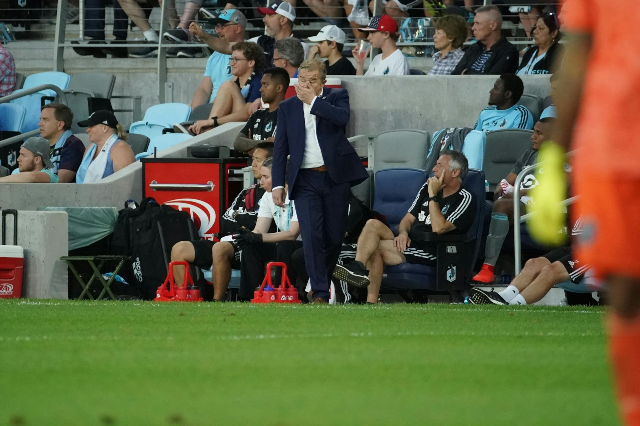 Minnesota United head coach Adrian Heath reacts after two of his players receive yellow cards in the second half. The Minnesota United beat the San Jose Earthquakes 3-1.