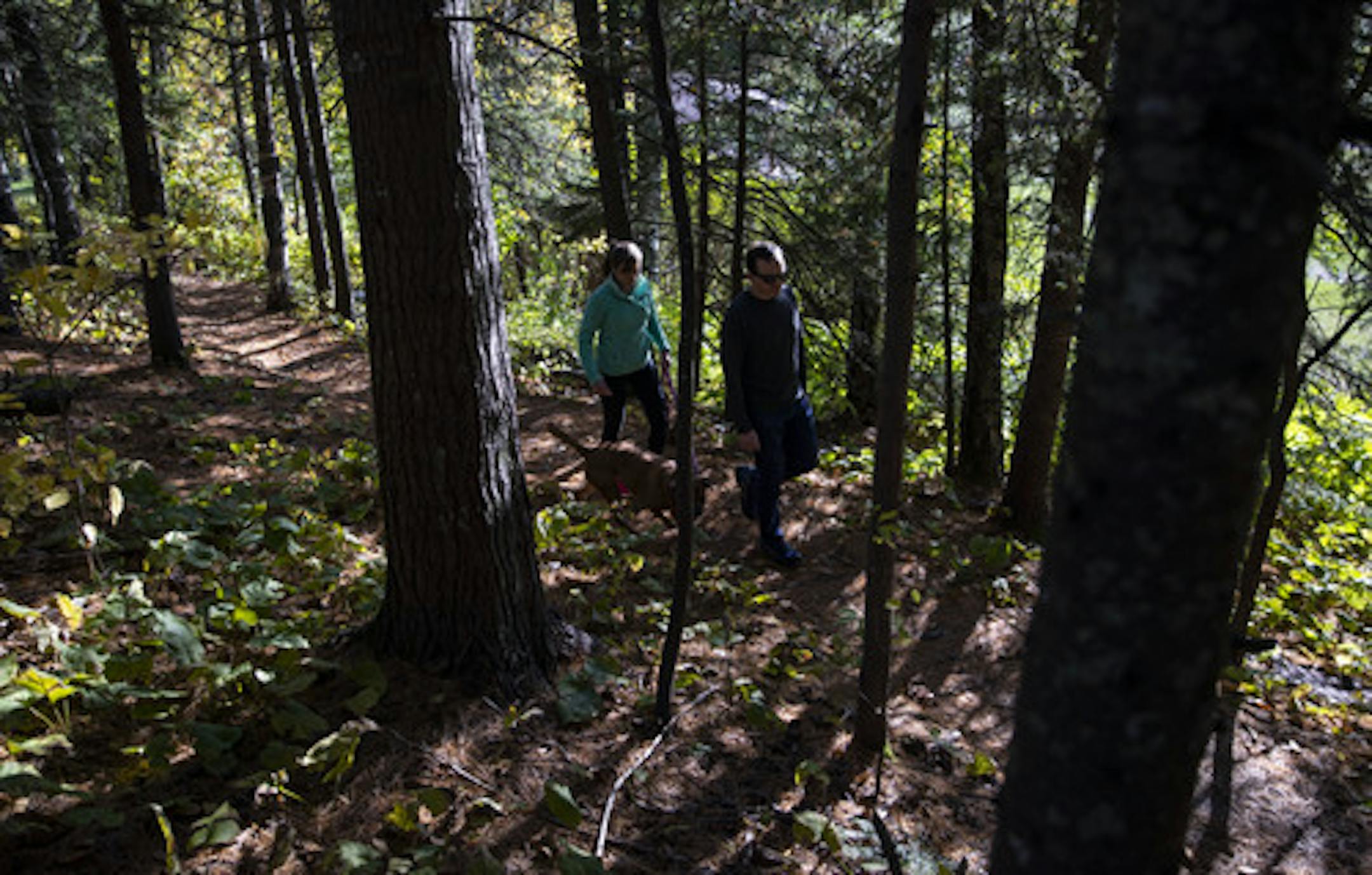 Mary Krull and Chris Aepelbache walked through the trail in Lester Park with Mary's dog, Laila, on Monday October, 7.] ALEX KORMANN • alex.kormann@startribune.com Mary Krull and Chris Aepelbacher are an engaged couple who both bought homes to live near trails in Duluth so they could have easy and quick access for walking, running and hiking. Mary loves walking with her dog, Laila, every morning as well,