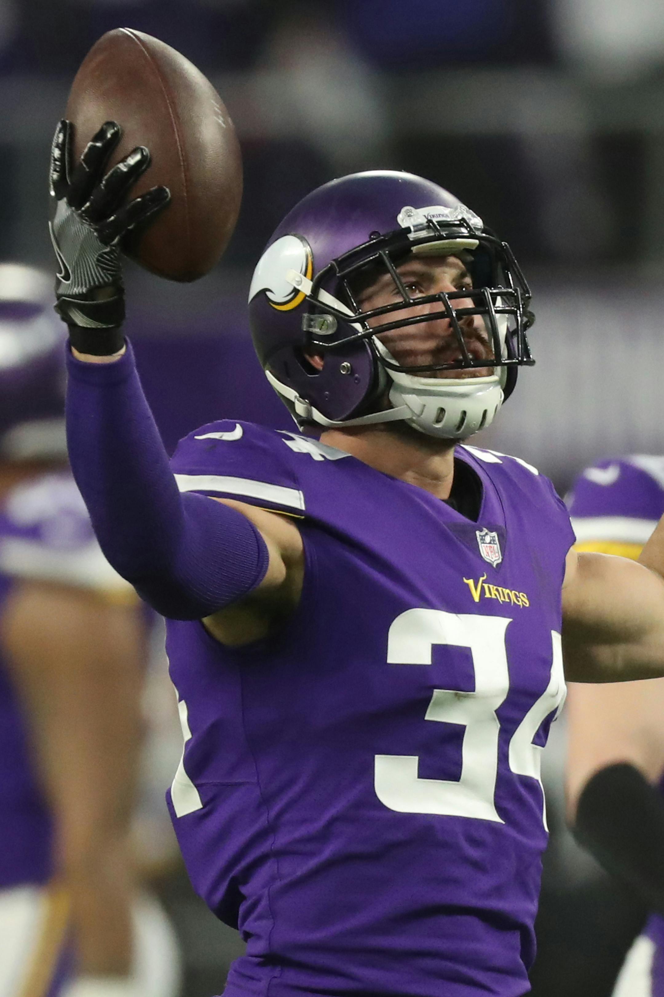 Vikings safety Andrew Sendejo (34) celebrated after his first-quarter interception of a Drew Brees pass with teammates Harrison Smith (22) and Jayron Kearse. ] JEFF WHEELER Ô jeff.wheeler@startribune.com The Minnesota Vikings faced the New Orleans Saints in an NFL divisional playoff game Sunday afternoon, January 14, 2018 at U.S. Bank Stadium in Minneapolis.