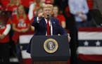President Donald Trump addresses supporters during a campaign rally at the Target Center in Minneapolis on Thursday, Oct. 10, 2019.