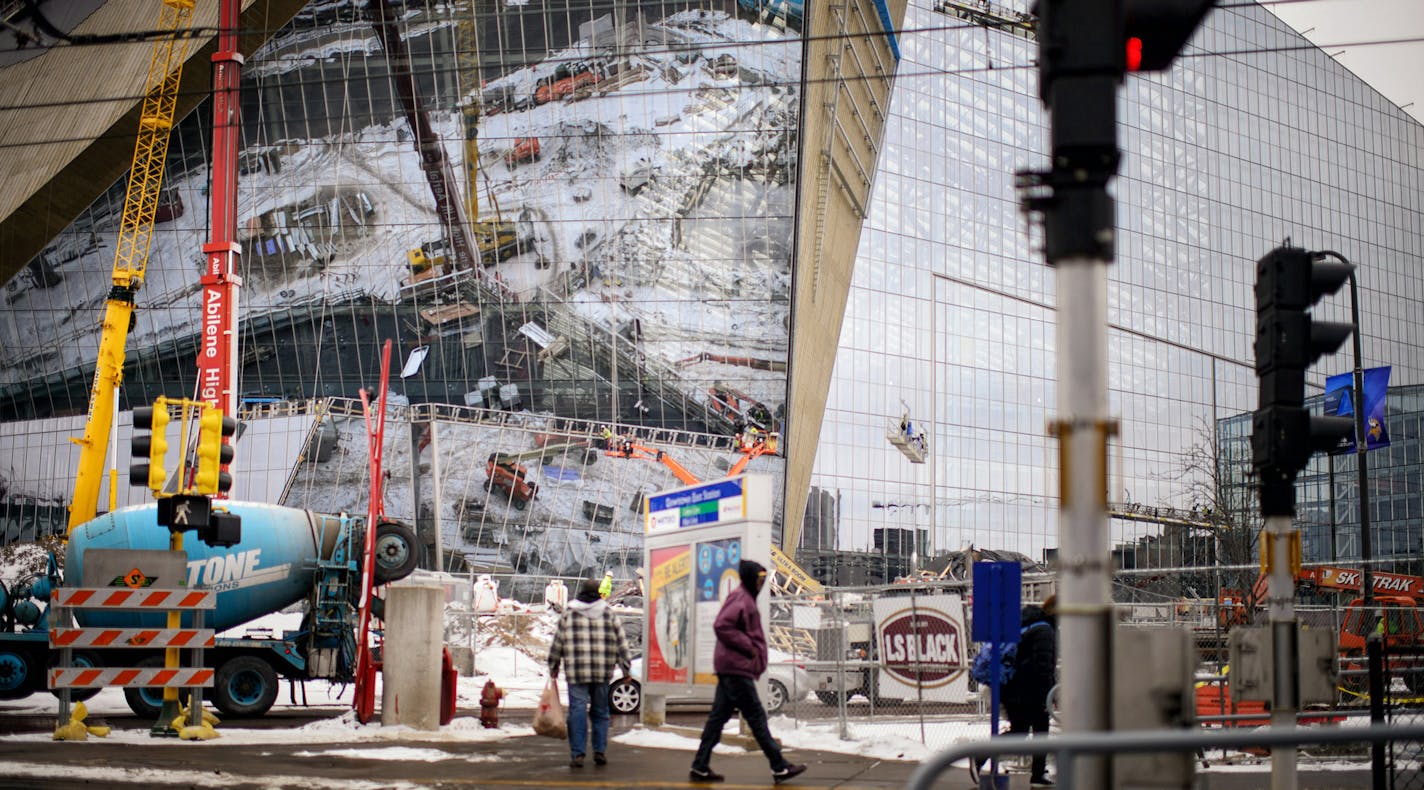 US Bank Stadium where the Minnesota Vikings will play in six months. ] GLEN STUBBE * gstubbe@startribune.com Monday, February 15, 2016 With a stadium six months from its first game, the Vikings are still scrambling to locate tailgating space near their gridiron edifice. ORG XMIT: MIN1602151517220236