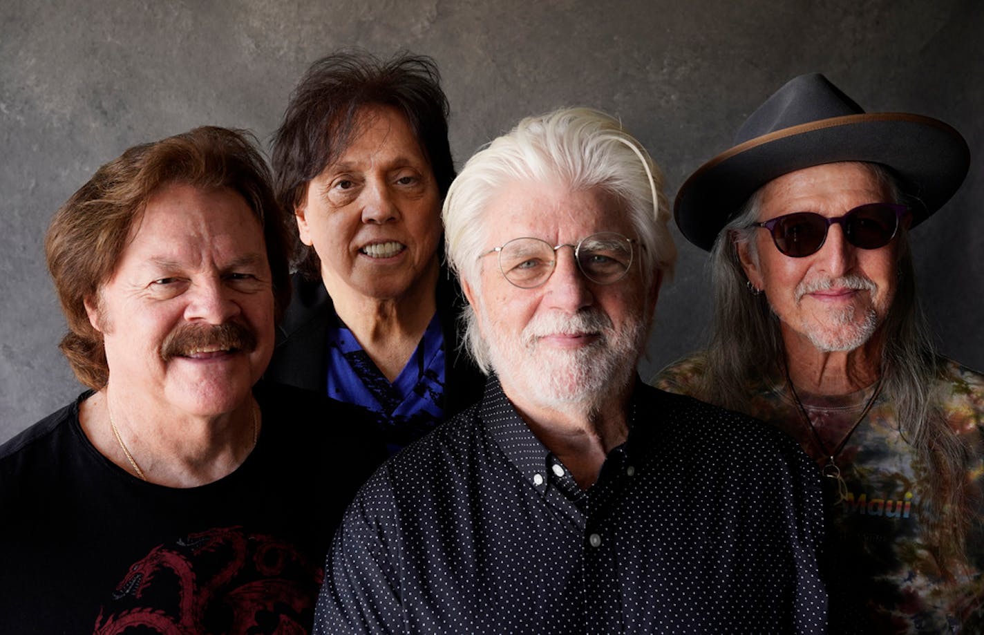 Members of the Doobie Brothers, from left, Tom Johnston, John McFee, Michael McDonald and Pat Simmons pose for a portrait at Show Biz Studios in Los Angeles on Tuesday, Aug. 17, 2021. The band has a tour and album out this fall. (AP Photo/Chris Pizzello)