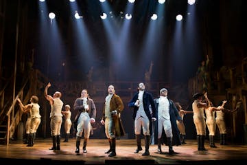 Lin-Manuel Miranda, center, and the cast of �Hamilton,� at the Richard Rodgers Theater in New York, July 11, 2015.