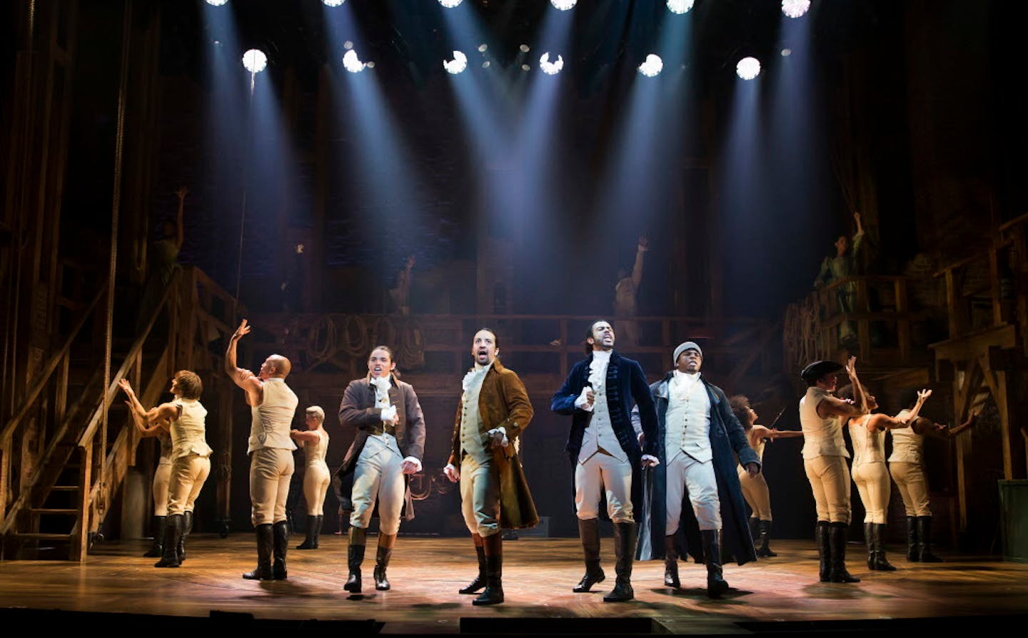 Lin-Manuel Miranda, center, and the cast of �Hamilton,� at the Richard Rodgers Theater in New York, July 11, 2015.