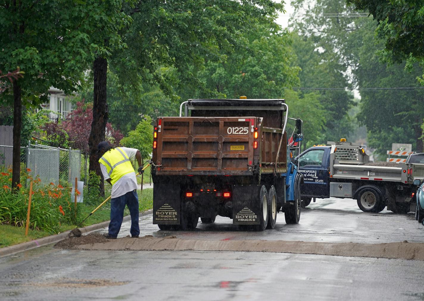 Public works is installing temporary speed bumps in 10 locations on streets and alleys near the Floyd memorial to slow down traffic that is using nearby residential streets to get around the closure. On Monday they worked on the 3800 block of Elliot (shown here) and 10th Avenues 3700 block of Columbus Avenue. brian.peterson@startribune.com Minneapolis, MN Monday, June 29, 2020