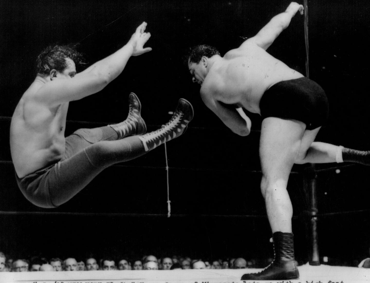 October 29, 1953 "Lefty" Verne Gagne of Minnesota lets go with a high fast one - - note that follow through - - in the form of the Mighty Atlas from California who "floats through the air" like the proverbial man on the flying trapeze. Action took place during wrestling match at Madison Square Garden 10/ 27. Gagne pitched himself to victory in 13 minutes and 30 seconds in a match scheduled to last " to a finish. " November 22, 1953 Minneapolis Star Tribune; Minneapolis Sunday Tribune; United Pre