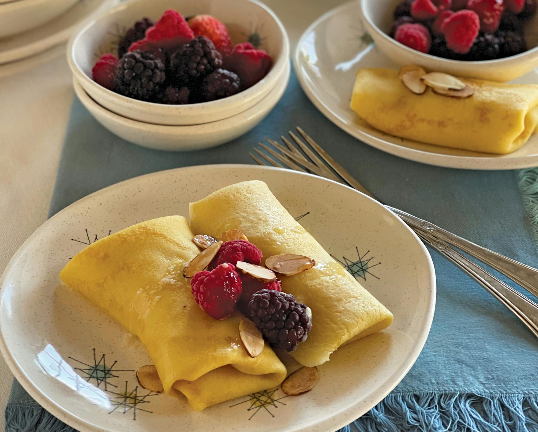 Honey Cream Cheese Blintzes from Julia Rutland's "Honey: 50 Tried and True Recipes" (Adventure 2021); credit Julia Rutland.