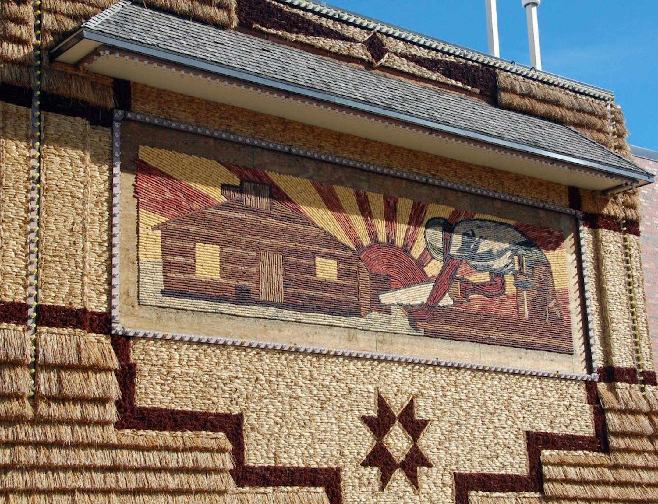 A mural depicting a construction worker on the side of the Corn Palace is shown, Tuesday, Sept. 11, 2007, in Mitchell, S.D.