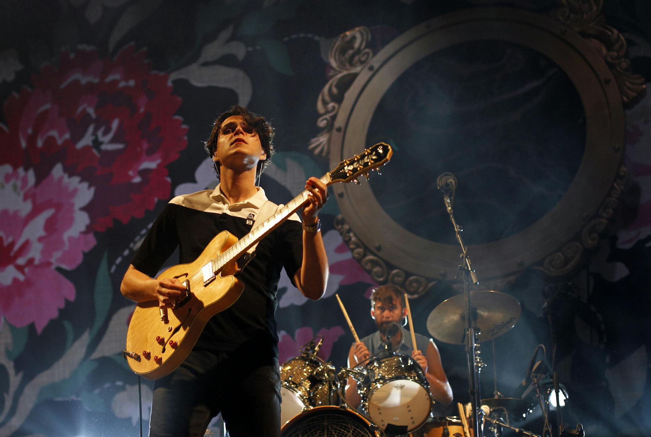 Vocal and guitarist Ezra Koening and drummer Chris Tomson of Vampire Weekend perform during their concert at the Optimus Alive music festival in Lisbon in July.
