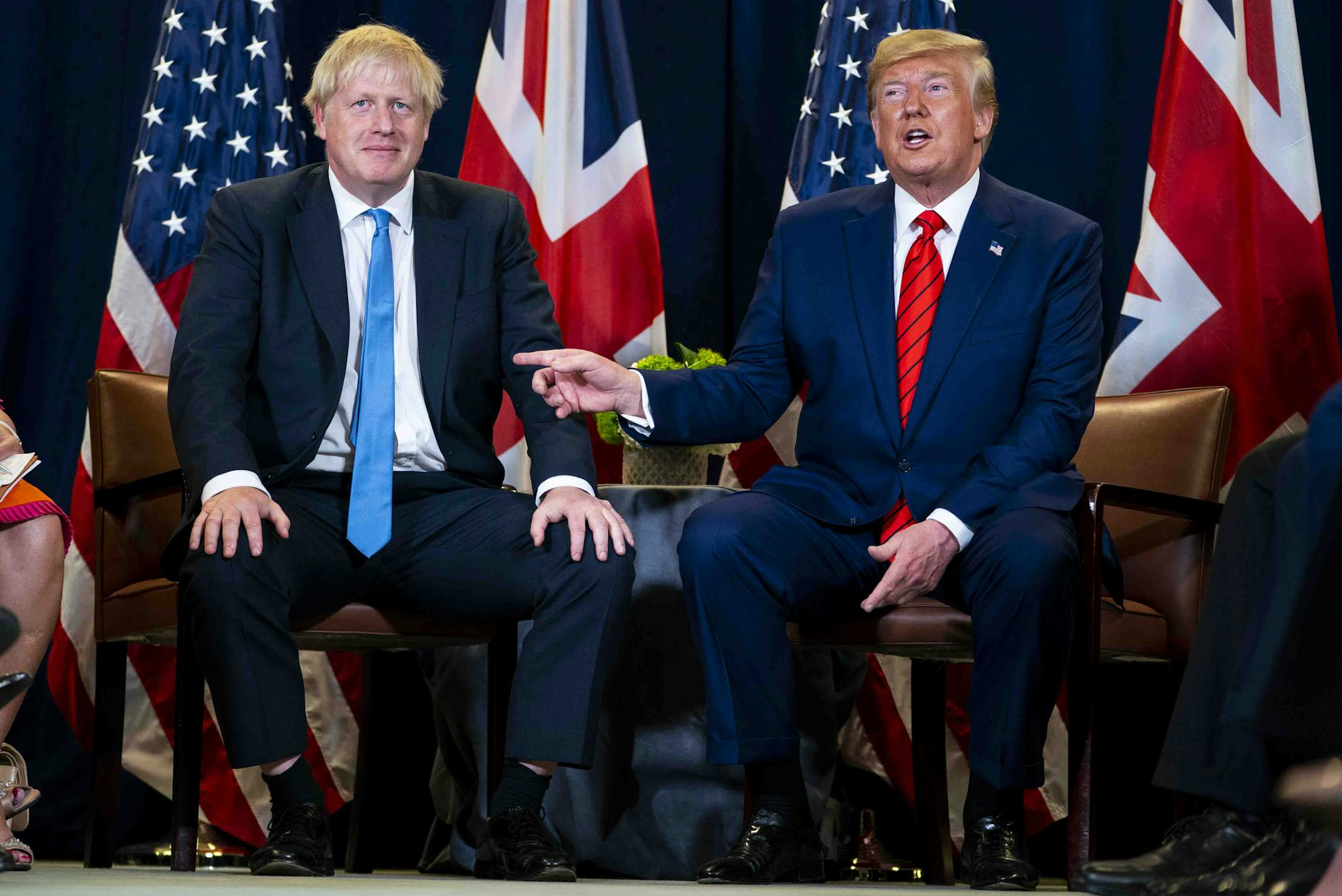 FILE -- Prime Minister Boris Johnson of Britain, left, meets with President Donald Trump during the United Nations General Assembly at U.N. headquarters in New York, Sept. 24, 2019. If there was any doubt that Trump would try to play a role in Britain&#x2019;s general election, he put it to rest on Oct. 31 calling in to a London radio show to praise Johnson, disparage his Labour Party opponent, and weigh in on a range of other politically fraught topics, including a potential trade deal between