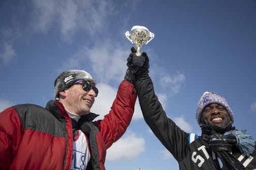 A snowball fight was held at McMurray Fields between the cities of St. Paul and Minneapolis, Mayor Jacob Frey left, and St. Paul Mayor Melvin Carter celebrated in a tie between the two cites during a snowball fihgt Sunday February 24, 2019 in St. Paul, MN.