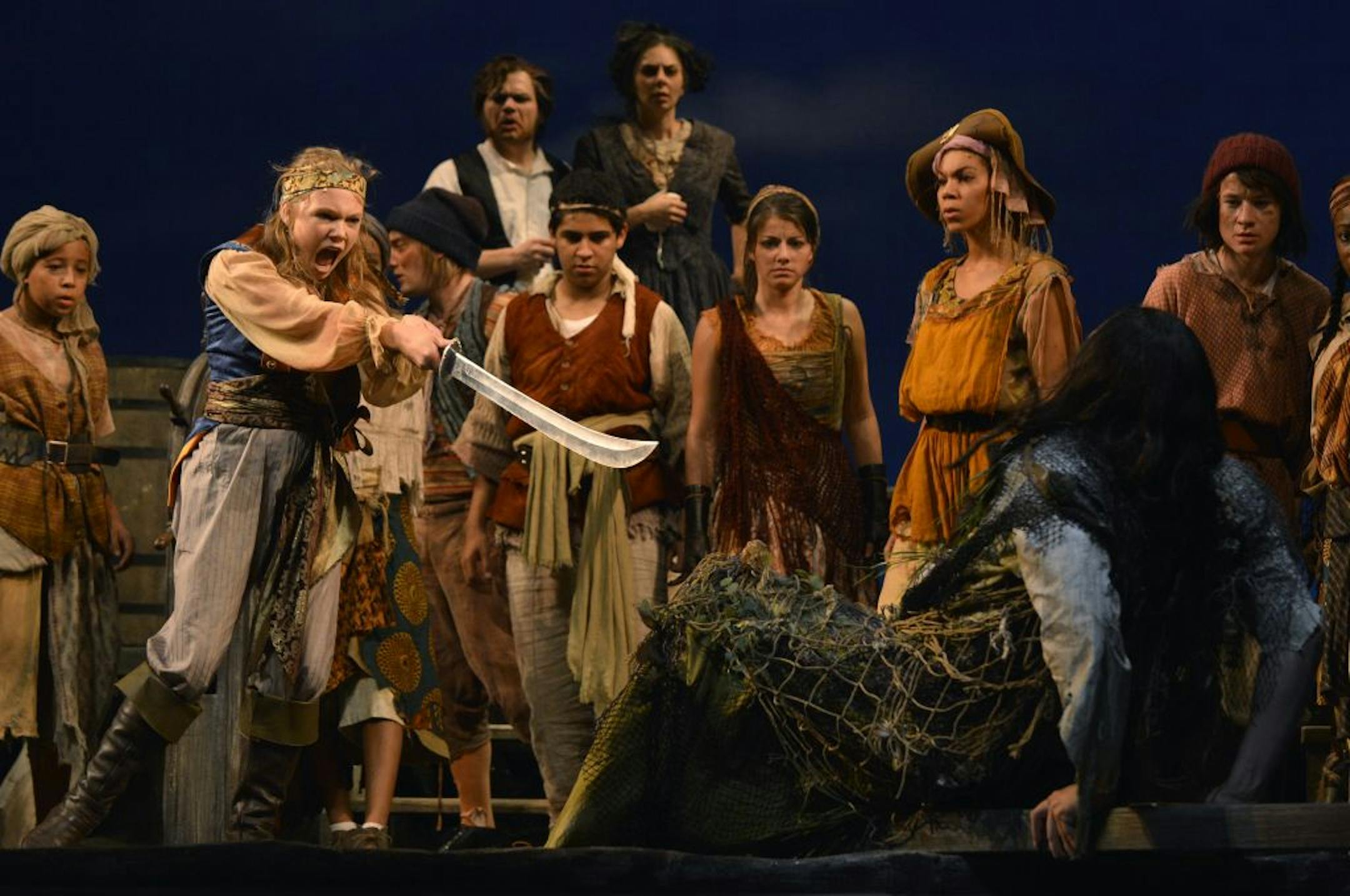 Enid Arabella ( Megan Fischer) works to dethrone Captain Johnny (Bradley Greenwald) in "Buccaneers."