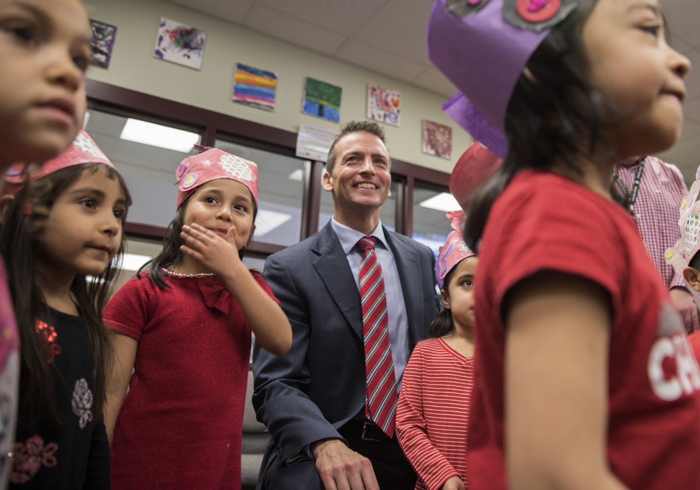 Ed Graff poses for a photo with "High Five" pre-kindergarten students at Richard Green Central Park Elementary School. ] LEILA NAVIDI &#xef; leila.navidi@startribune.com BACKGROUND INFORMATION: Minneapolis Public Schools superintendent Ed Graff attends a breakfast and visits schools in his district in Minneapolis on Tuesday, February 14, 2017. The new superintendent of Minneapolis Public Schools, Ed Graff, has been on the job for more than half a year. He's come in quietly searching for ways to