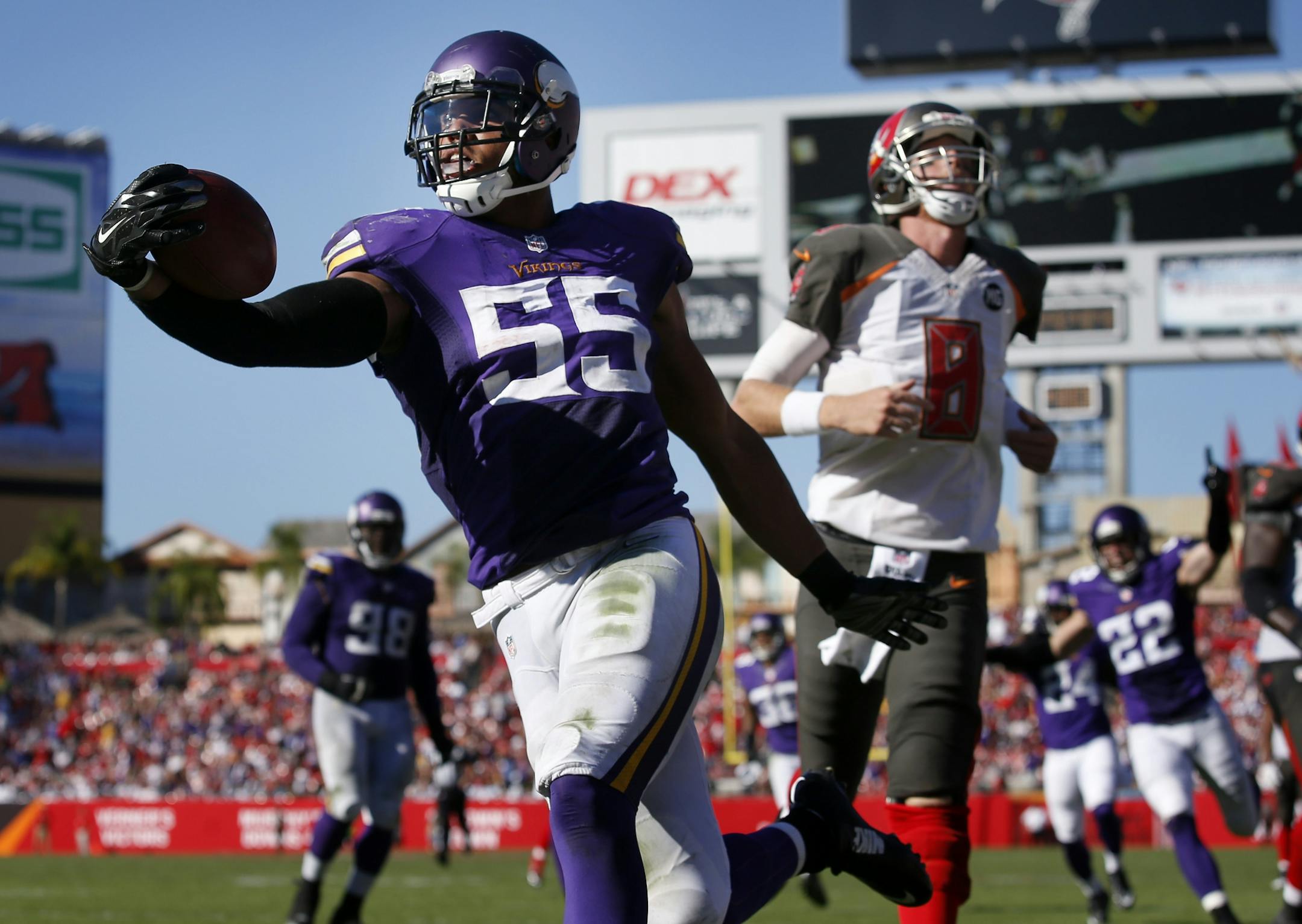 Minnesota Vikings linebacker Anthony Barr (55) returned a fumble by Austin Seferian-Jenkins 27-yards for a touchdown to win the game in overtime.