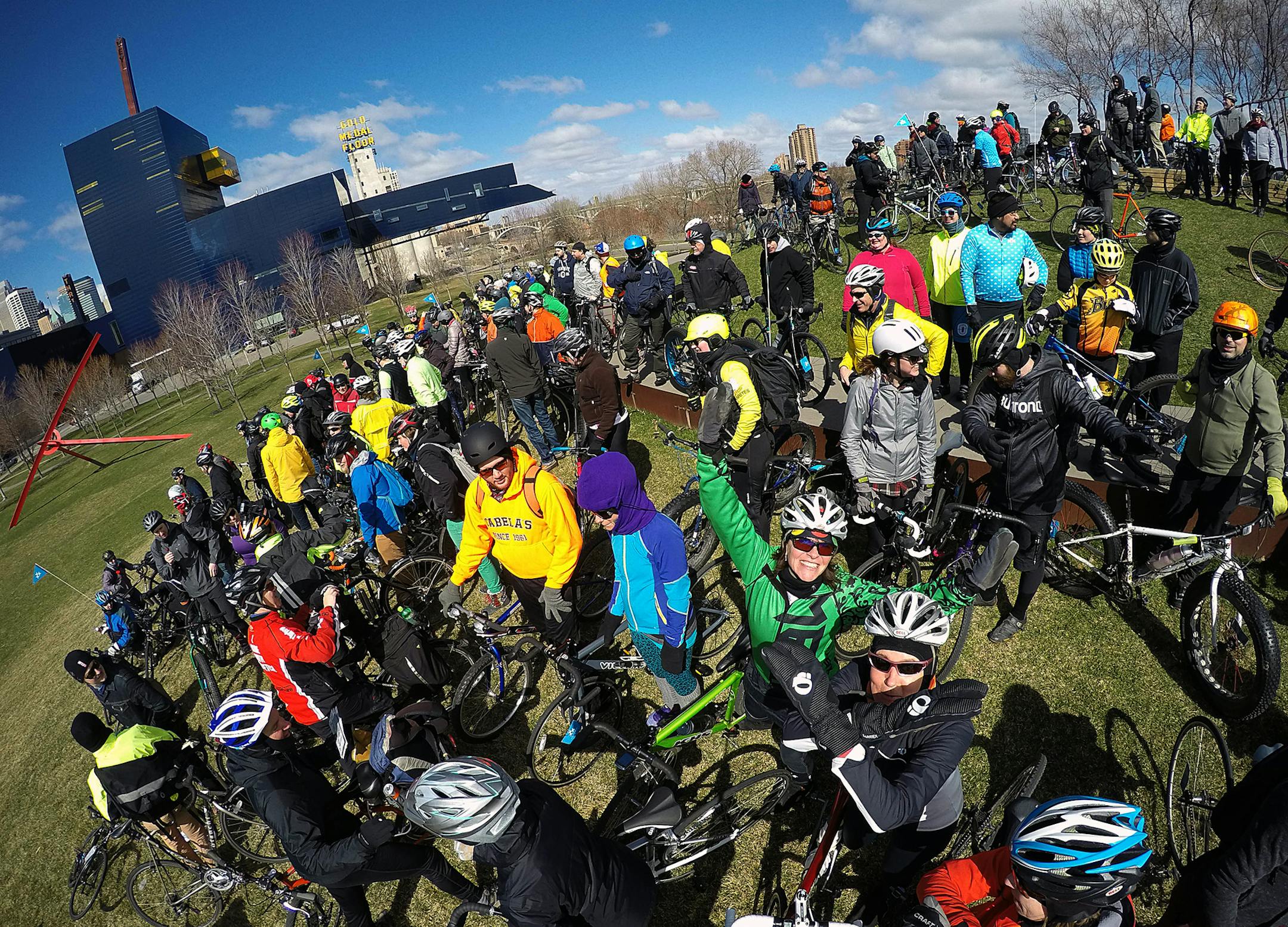 Bicyclists gathered at Gold Medal Park to hear instructions and to pose for photographs before the ride. ] JIM GEHRZ ï james.gehrz@startribune.com /Minneapolis, MN / April 1, 2016 3:30 PM - BACKGROUND INFORMATION: The MSP Kickoff Ride 2016 for the 30 Days of Biking happens Saturday. April is the month where people are encouraged to ride their bikes every day of the month. The 11 am, folks will be gathered at Gold Medal Park, and then bike through the Twin Cities, and end with festivities la