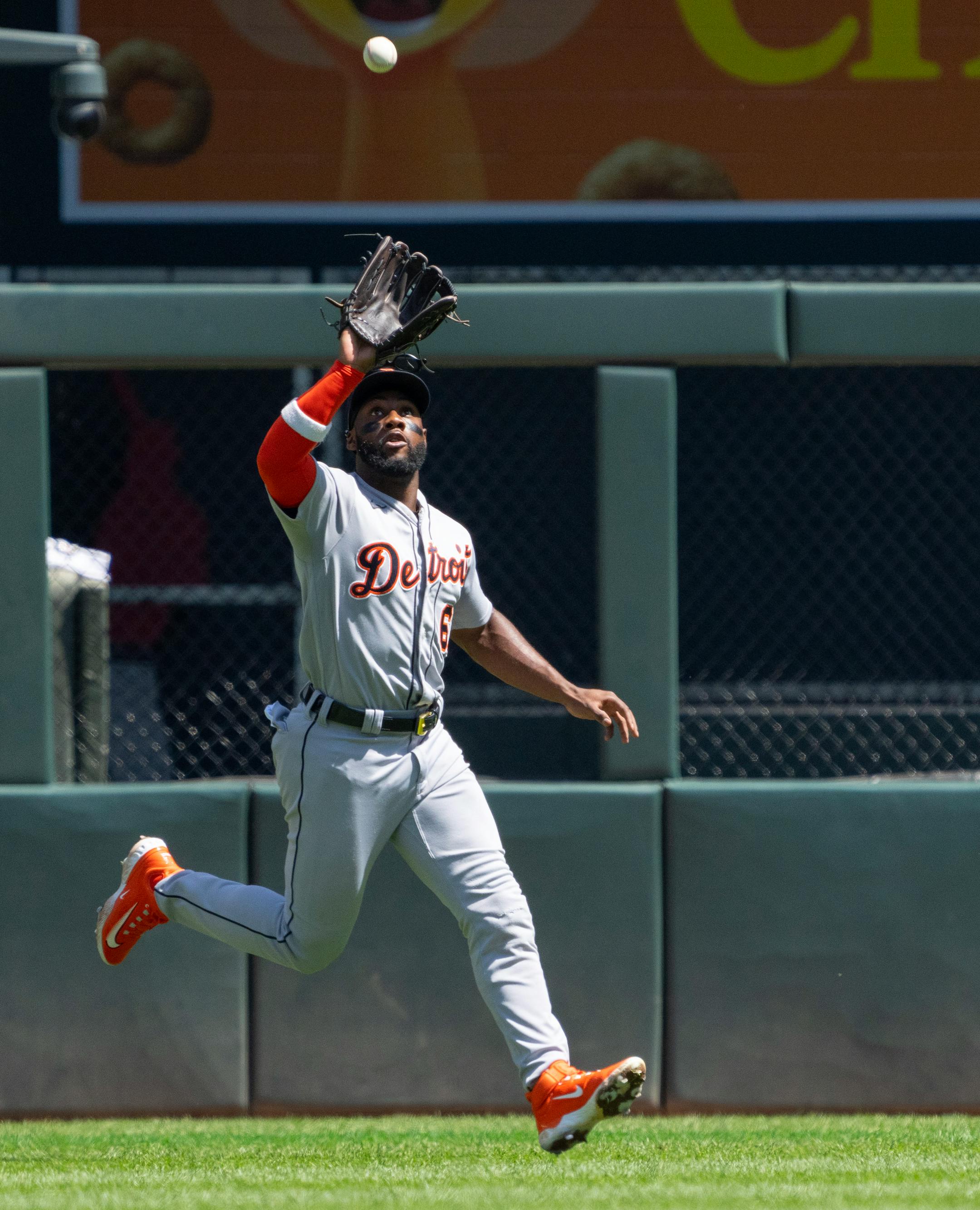 Detroit Tigers left fielder Akil Baddoo (60) makes a catch against the Minnesota Twins in the second inning.