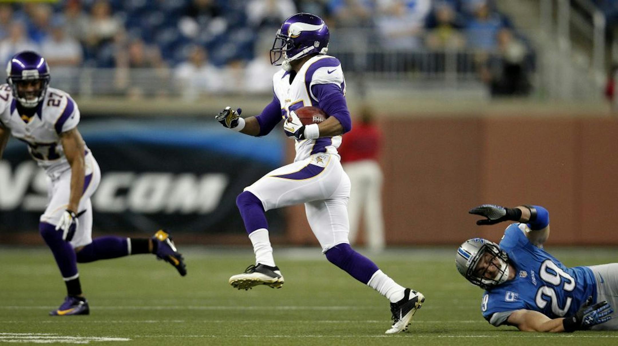 ThMarcus Sherels returned a punt 77 yards for a touchdown in the third quarter against the Detroit Lions on September 30.