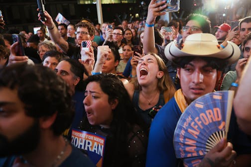 Supporters of Democratic mayoral candidate Zohran Mamdani cheer while he speaks at his primary election party, Wednesday, June 25, 2025, in New York.