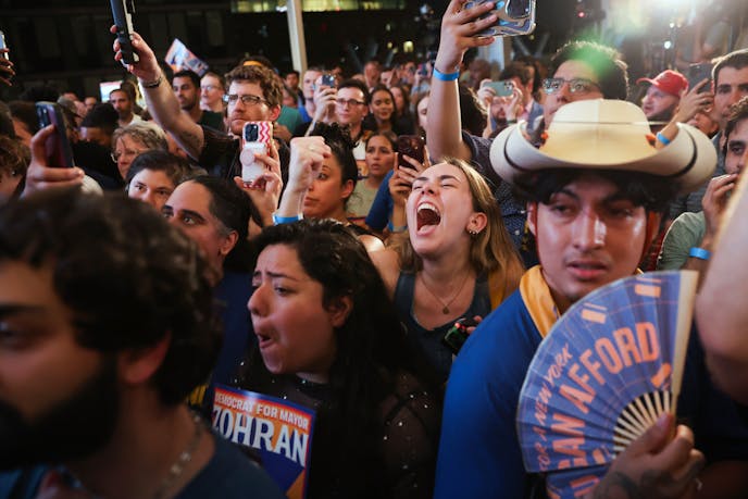 Supporters of Democratic mayoral candidate Zohran Mamdani cheer while he speaks at his primary election party, Wednesday, June 25, 2025, in New York.