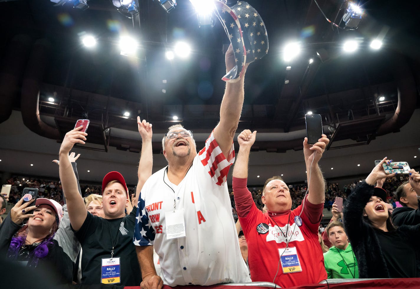 Supporters cheer as President Donald Trump takes the stage Thursday night at Mayo Civic Center in Rochester. ] GLEN STUBBE &#xef; glen.stubbe@startribune.com Thursday, October 4, 2018 President Donald Trump makes his second visit to Minnesota, with a rally on Thursday night at Mayo Civic Center in Rochester.