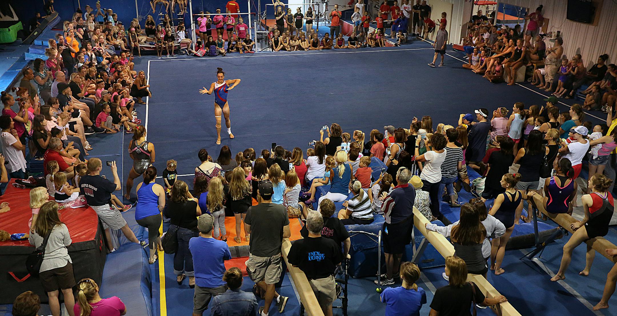 Olympic gymnastics hopeful Maggie Nichols performed some of her routines for a crowd of enthusiastic fans at the Twin Cities Twisters club in Champlin, as she prepared for the upcoming Olympic trials. ] JIM GEHRZïjames.gehrz@startribune.com (JIM GEHRZ/STAR TRIBUNE) June 30, 2016/ 10:00 AM , Champlin, MN - BACKGROUND INFORMATION: Olympic gymnastics trials feature on Maggie Nichols, Olympic hopeful. Also a look at the Twin Cities Twisters, the club, its first big time gymnast and the new syst