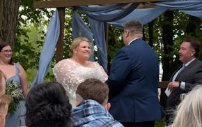 Allie and Josh Nelson at their basketball-themed wedding on Saturday, May 17, 2025. They met online in 2020 and within three years, they were engaged.
